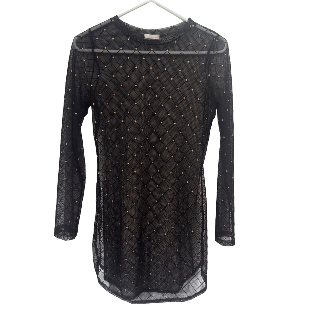 Mesh Mini Dress Womens S Black Gold Studded Diamond Grid Sheer Long Sleeve Party